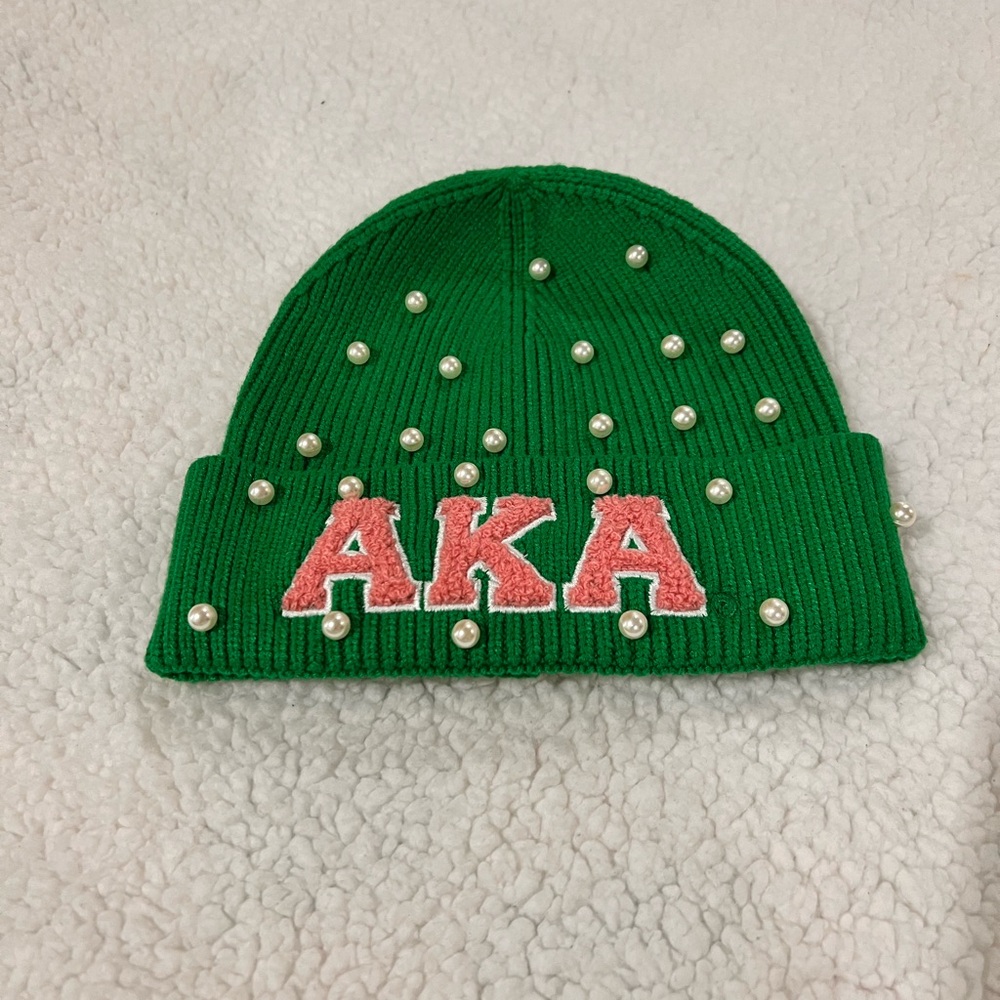 AKA Sorority Green Beanie with Pink Lettering and Pearls